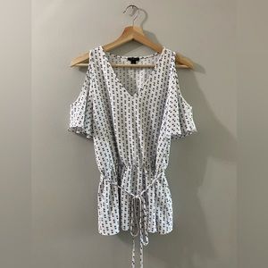 Ann Taylor cold shoulder top with gathered waist and tie